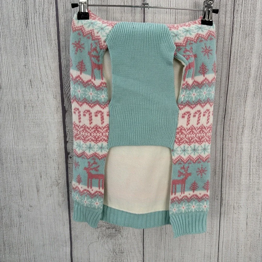 Fair Isle Dog Sweater LARGE Pink Aqua Nordic Hooded Reindeer Candy Canes Winter